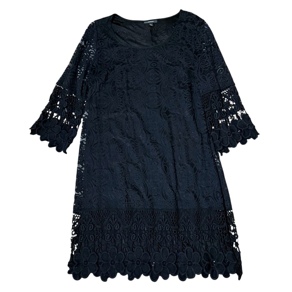 Alfani Crochet Trim Illusion Shift Dress Black Floral Lace Bell 3/4 Sleeve Large